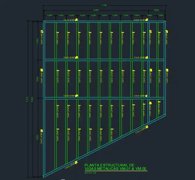 Planta estructural de vigas metálicas VM-01 y VM-02